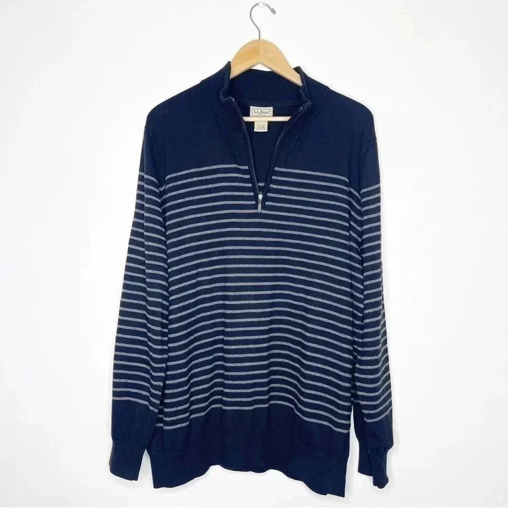 L.L. Bean Large Cotton Cashmere 1/4 Zip Pullover Sweater Size XL Black Gray